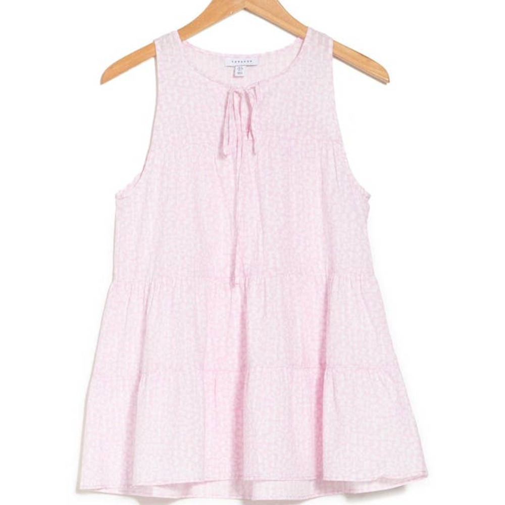 Topshop Pink Tiered Soft Animal Print Sleeveless Tie Neck Detail Tunic Blouse